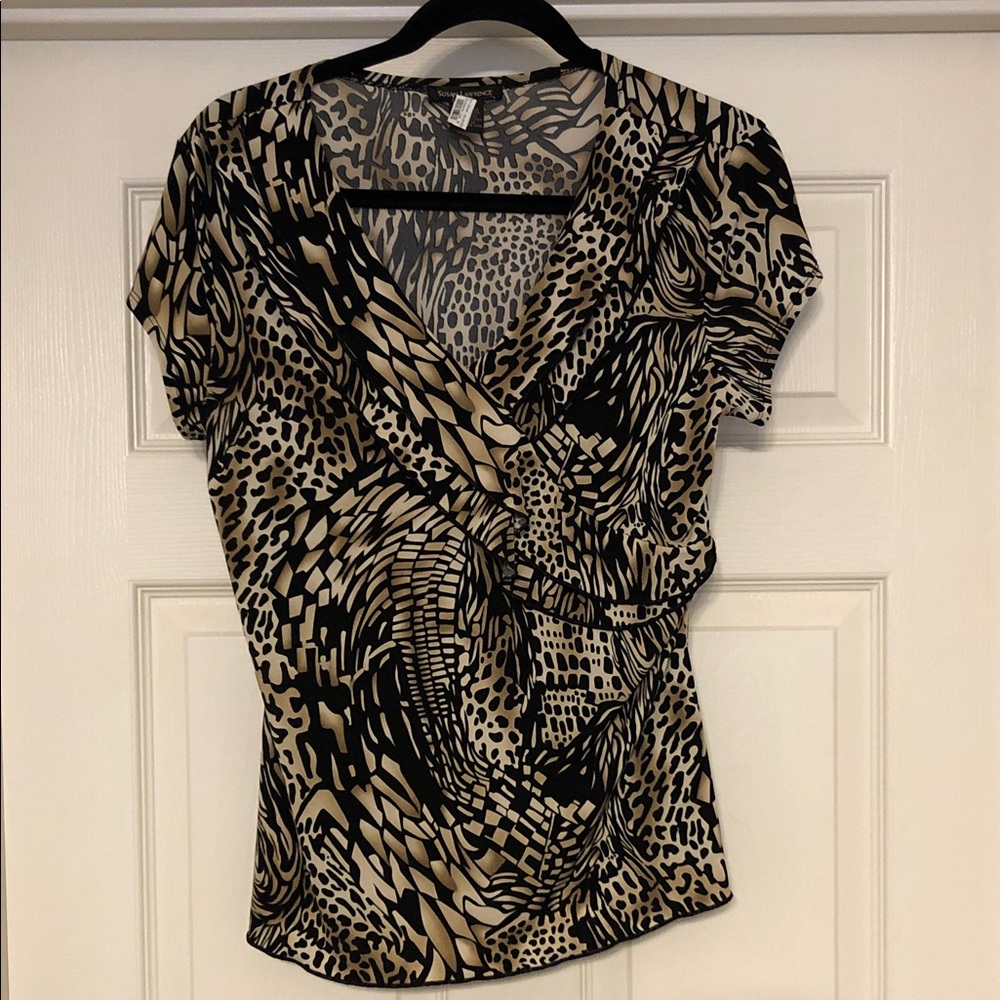 Susan Lawrence Petite Large Black and Cream Surplice Animal-Print Top
